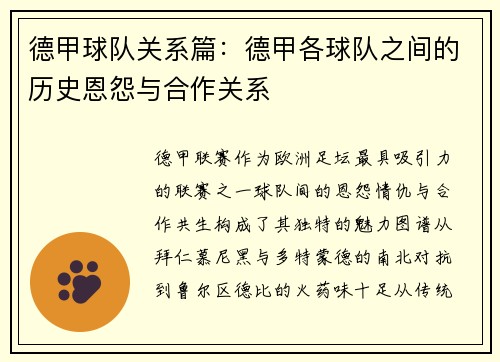 德甲球队关系篇：德甲各球队之间的历史恩怨与合作关系
