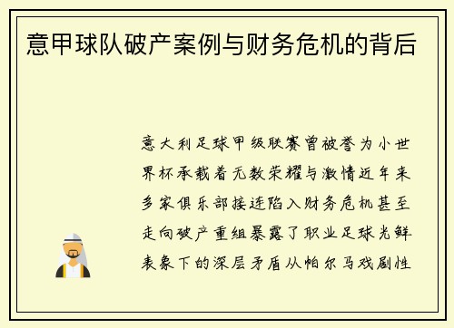 意甲球队破产案例与财务危机的背后